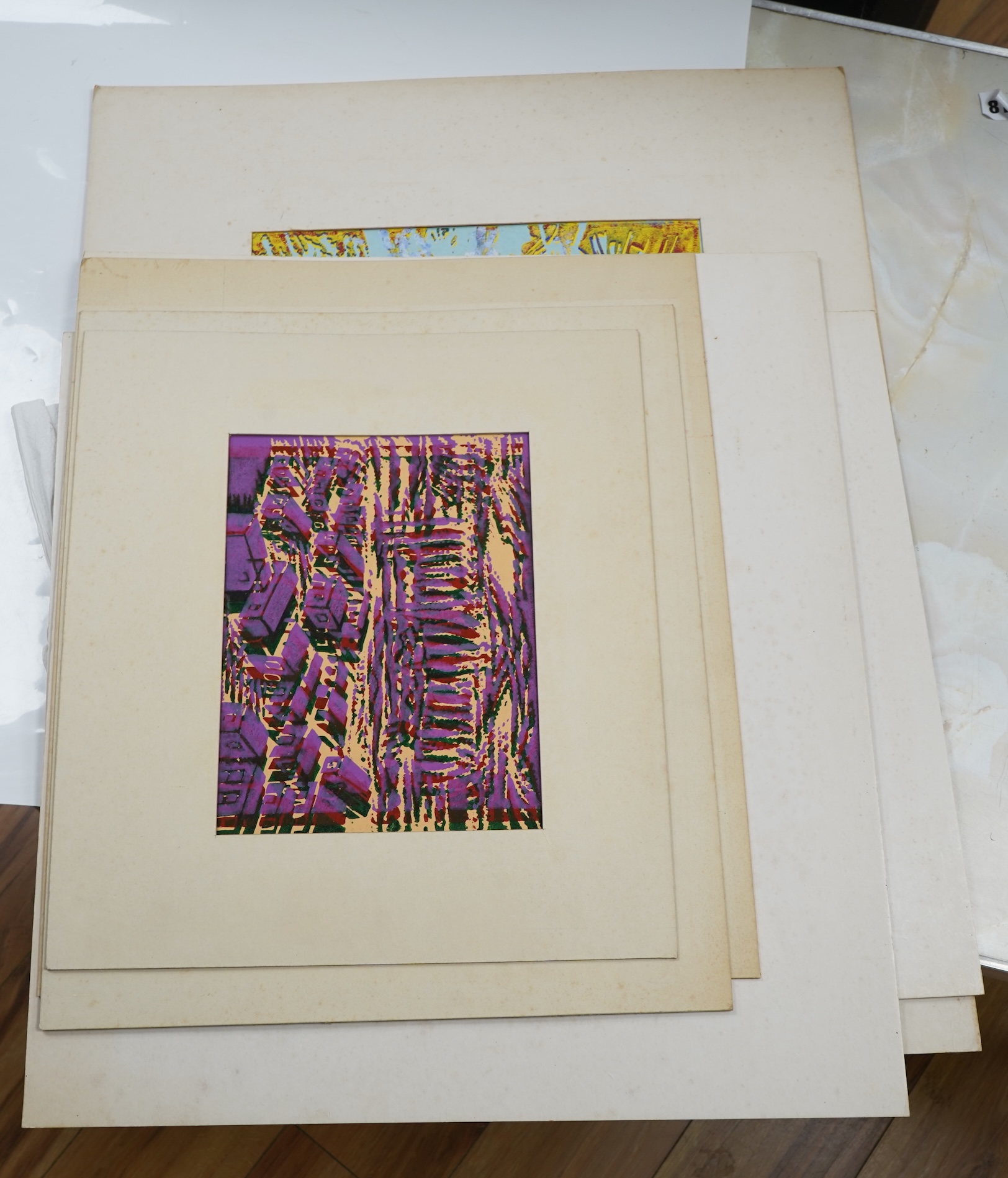 Andrew Chrysafi (b.1938), Cypriot landscapes and abstract compositions, a collection of linocuts, signed verso, mounted, unframed, largest 29 x 40cm